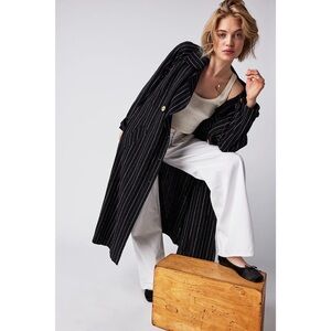 NWOT Free People We The Free Melia Mac Linen Trench Coat Jacket Navy Pinstripe